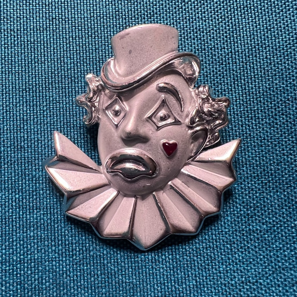 ✨Vintage  Jewelry AJC Silver Tone Sad Clown Face Heart Tear  Brooch